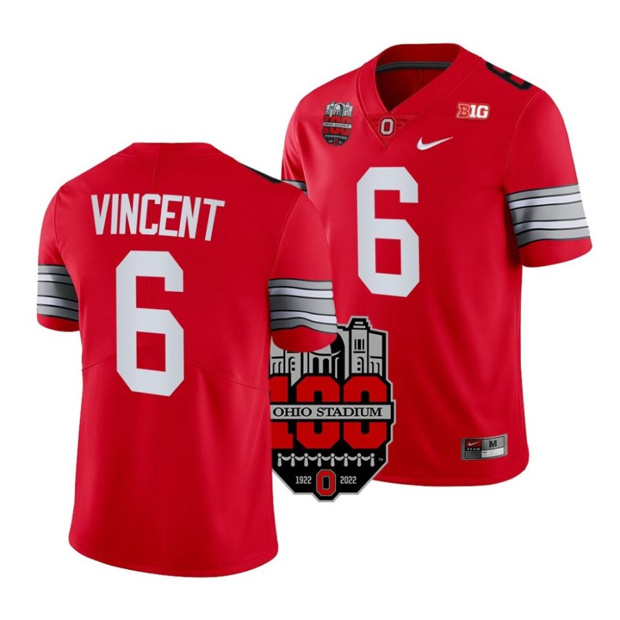 2022 ohio state buckeyes taron vincent scarlet 100th anniversary woody football jersey scaled