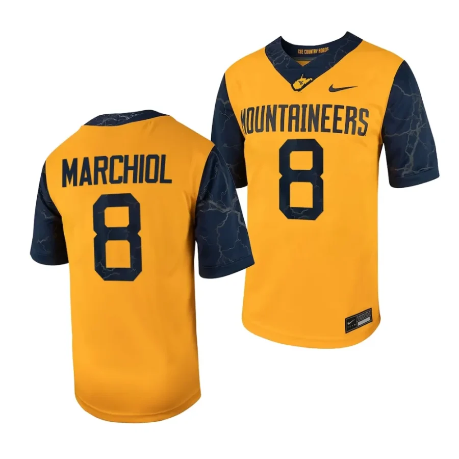 2023 west virginia mountaineers nicco marchiol gold country roads football game jersey scaled