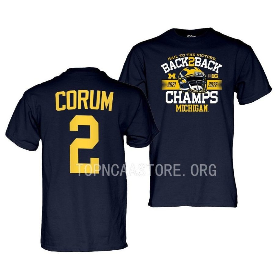 blake corum navy 2022 back to back big 10 champs football t shirts scaled