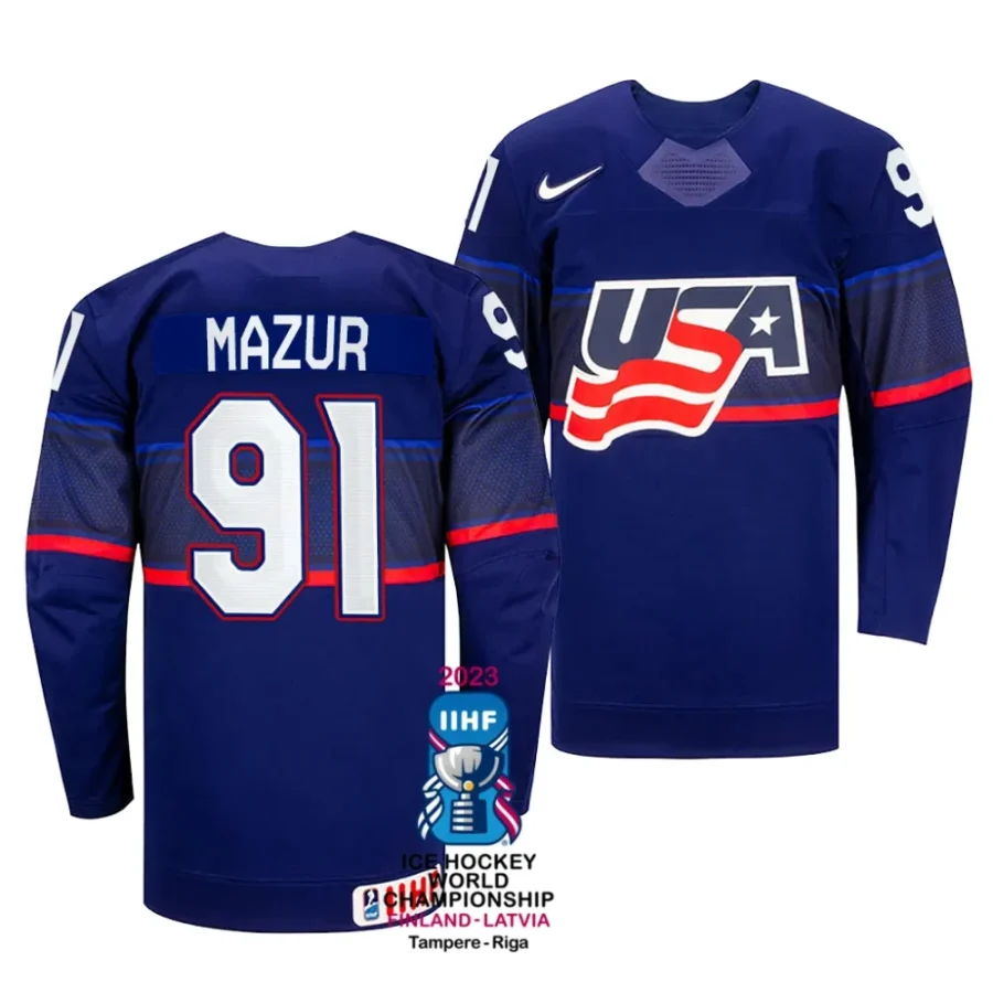 carter mazur away 2023 iihf world championship blue jersey scaled