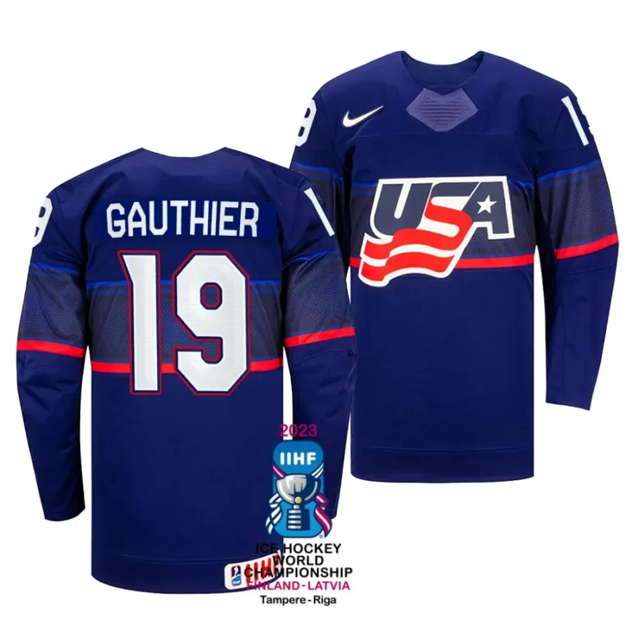 cutter gauthier away 2023 iihf world championship blue jersey scaled