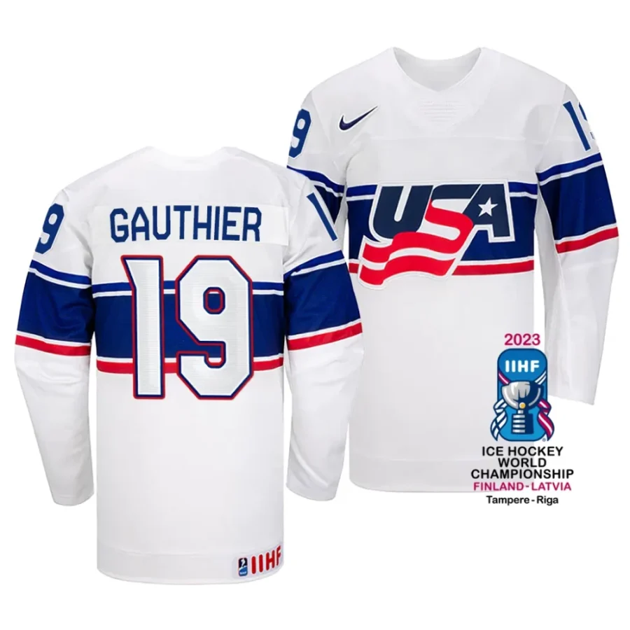 cutter gauthier white 2023 iihf world championship usa home jersey scaled