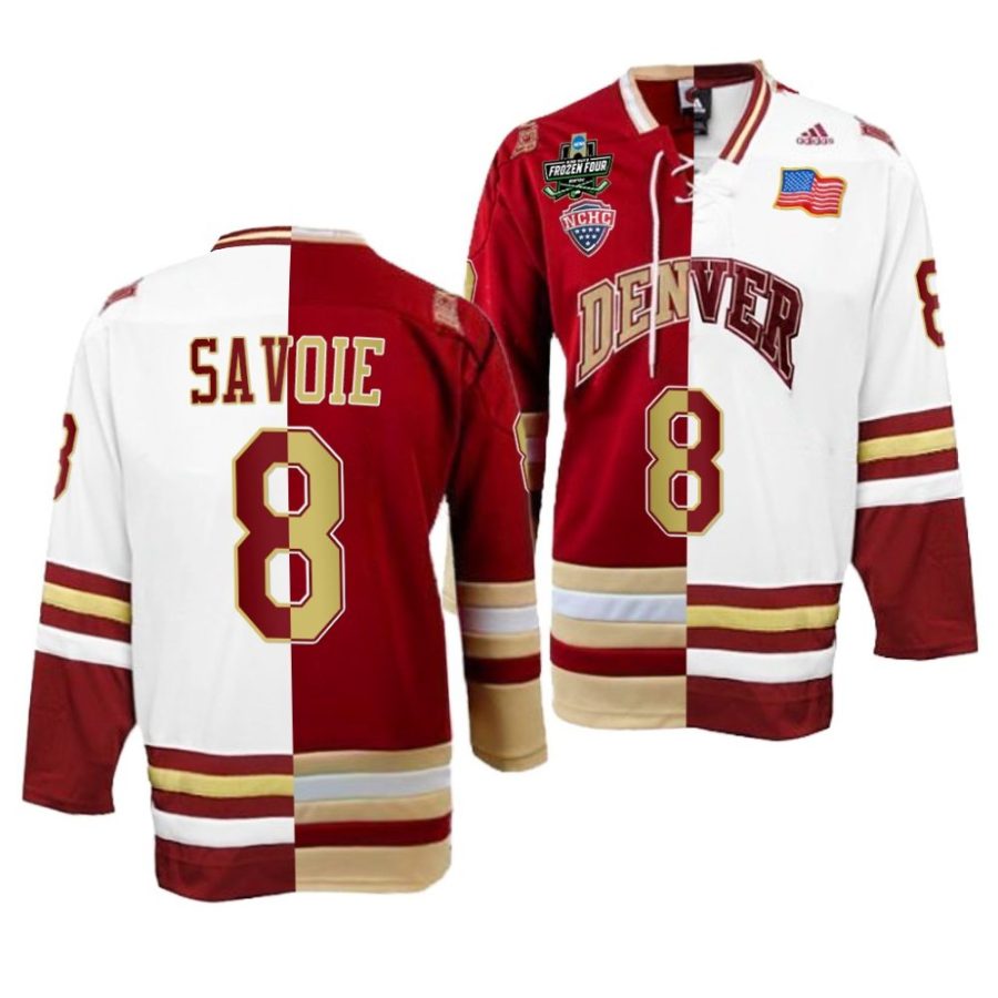 denver pioneers carter savoie 2022 frozen four championship crimson white split edition jersey scaled