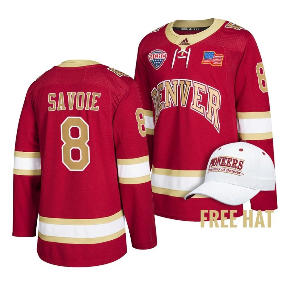 denver pioneers carter savoie 2022 ncaa regional finals crimson hockey jersey scaled