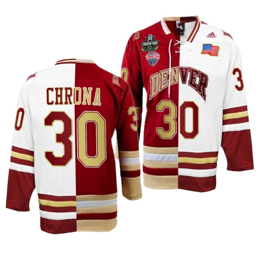 denver pioneers magnus chrona 2022 frozen four championship crimson white split edition jersey scaled