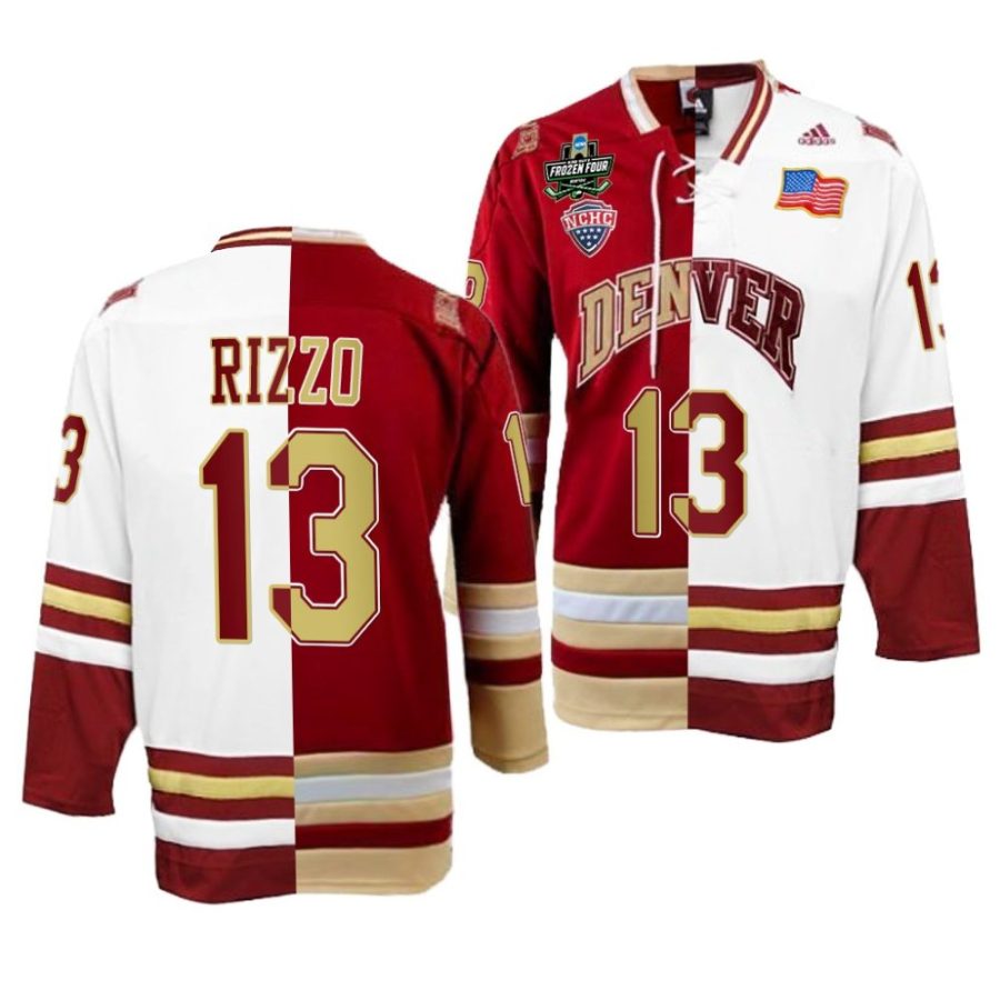 denver pioneers massimo rizzo 2022 frozen four championship crimson white split edition jersey scaled