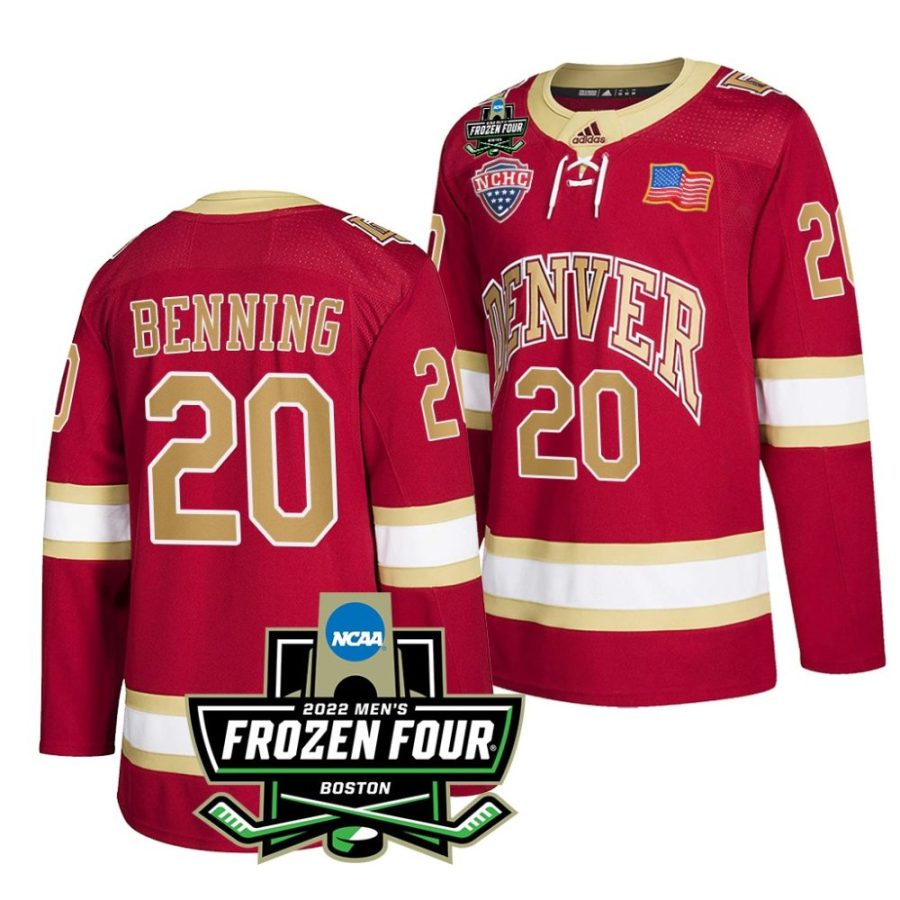 denver pioneers mike benning 2022 frozen four crimson hockey jersey scaled