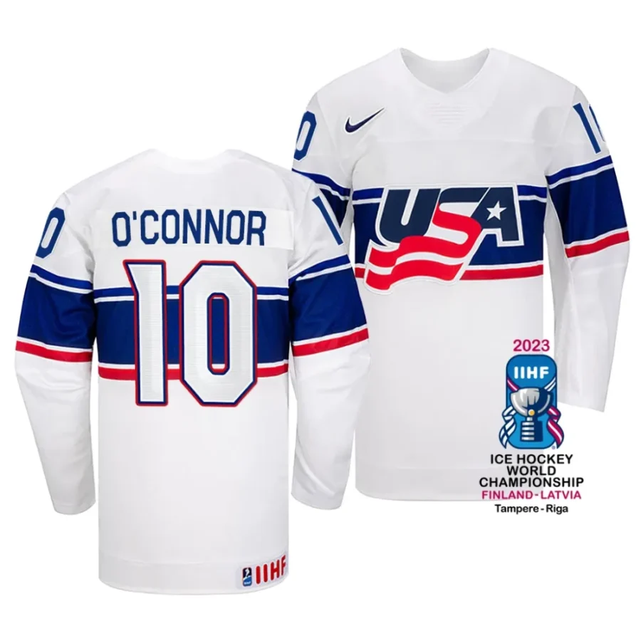drew o'connor white 2023 iihf world championship usa home jersey scaled