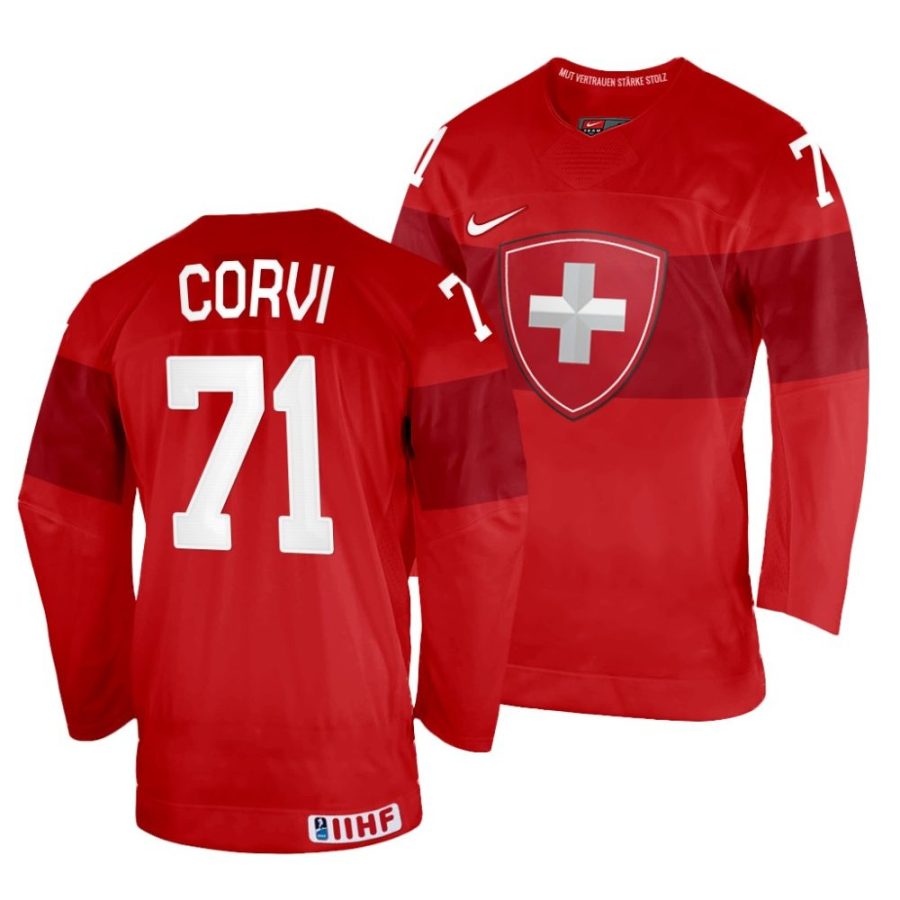 enzo corvi red 2022 iihf world championship switzerland away jersey scaled