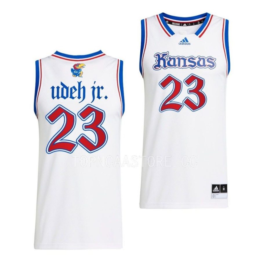 ernest udeh jr. kansas jayhawks 2022 23swingman basketball white jersey scaled