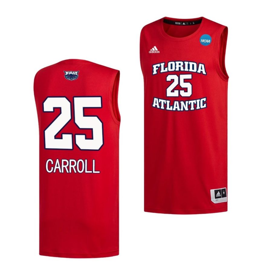 fau owls tre carroll 2023 ncaa march madness mens basketball red jersey scaled