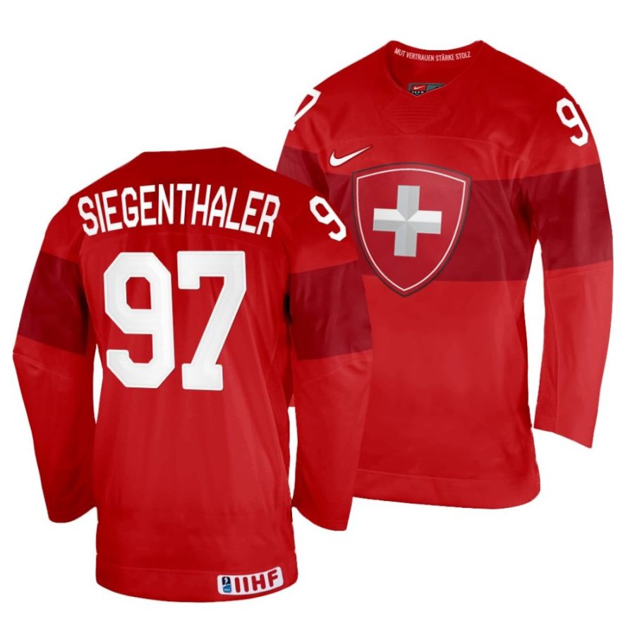 jonas siegenthaler red 2022 iihf world championship switzerland away jersey scaled