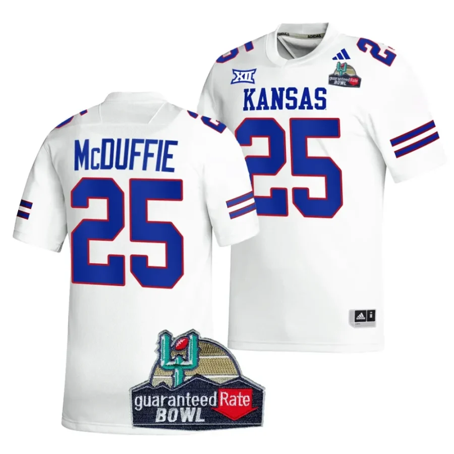 kansas jayhawks dylan mcduffie white 2023 guaranteed rate bowl champs football jersey scaled