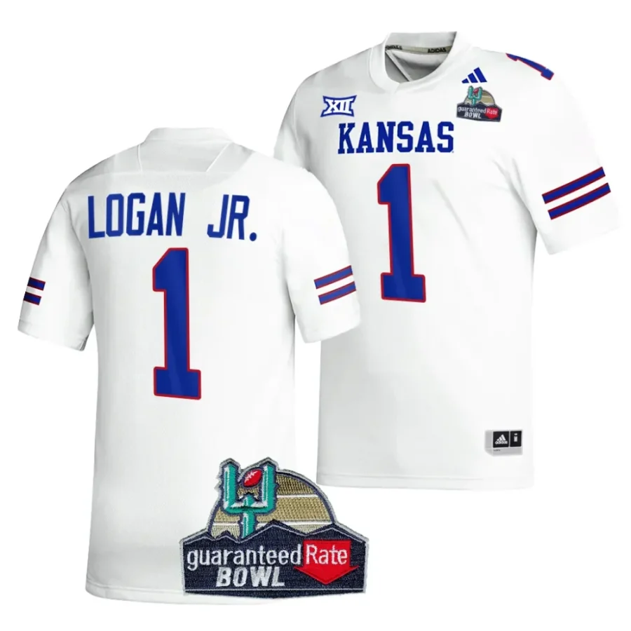 kansas jayhawks kenny logan jr. white 2023 guaranteed rate bowl champs mvp jersey scaled