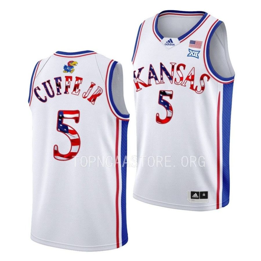 kyle cuffe jr. white 2023 stars and stripes kansas jayhawksbasketball jersey scaled