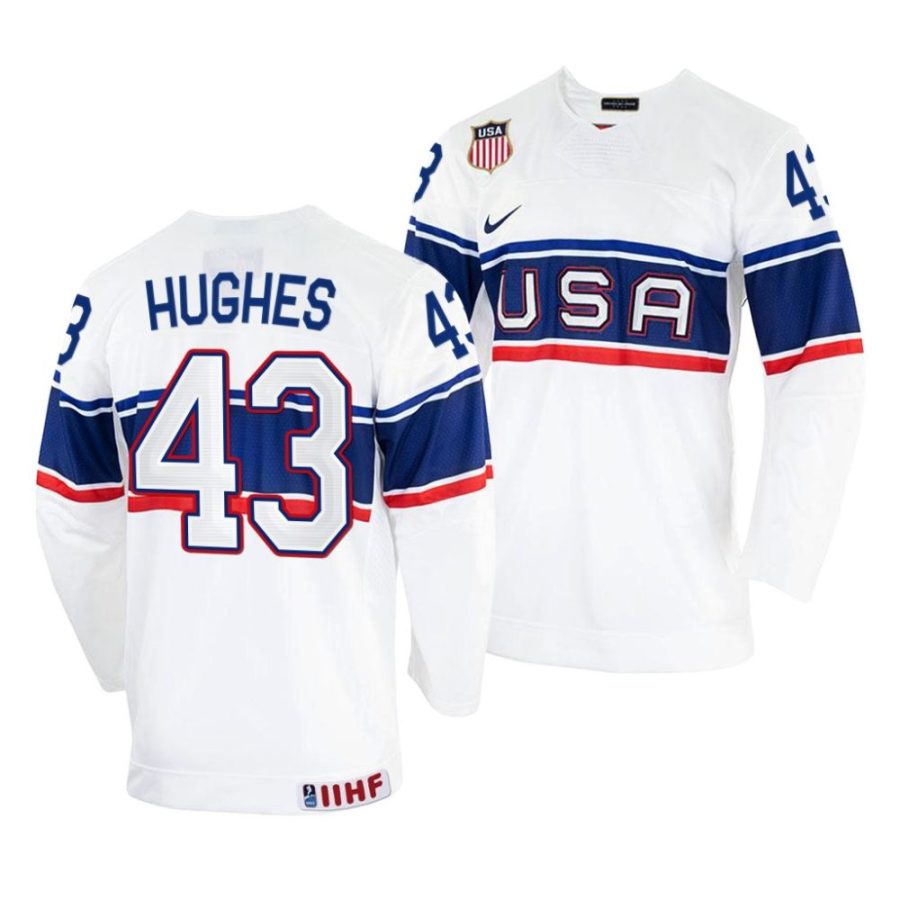 luke hughes white 2022 iihf world championship usa home jersey scaled