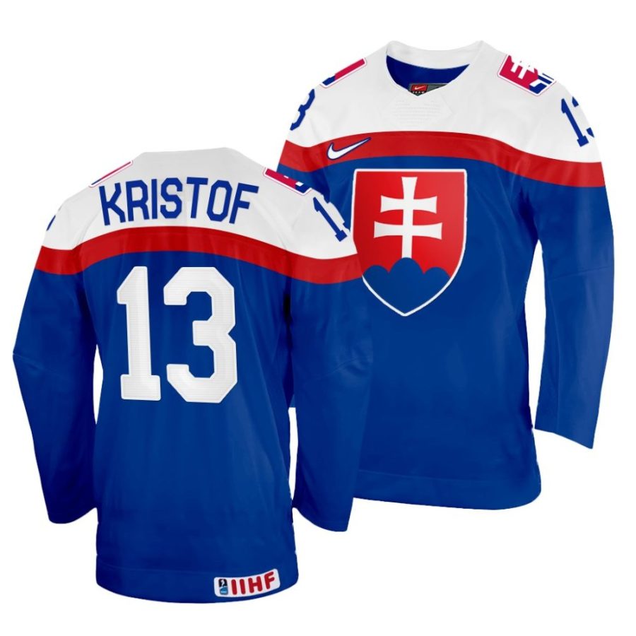 michal kristof away 2022 iihf world championship blue jersey scaled