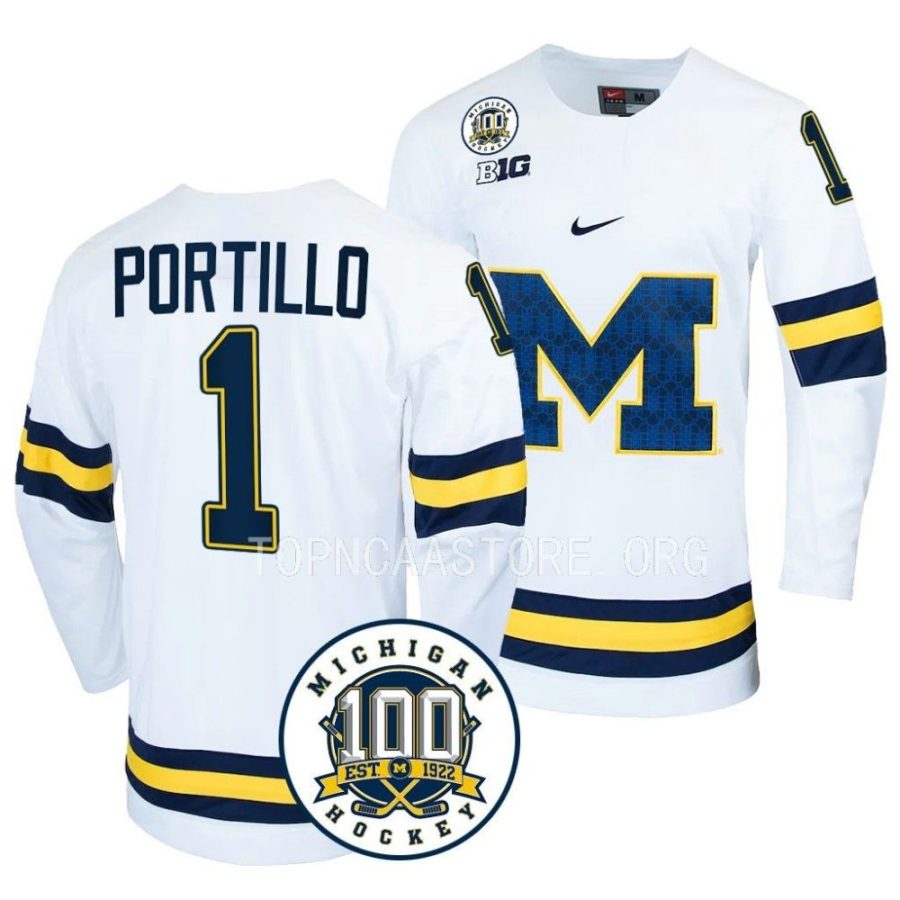 michigan wolverines erik portillo 100th anniversary white hockey jersey scaled