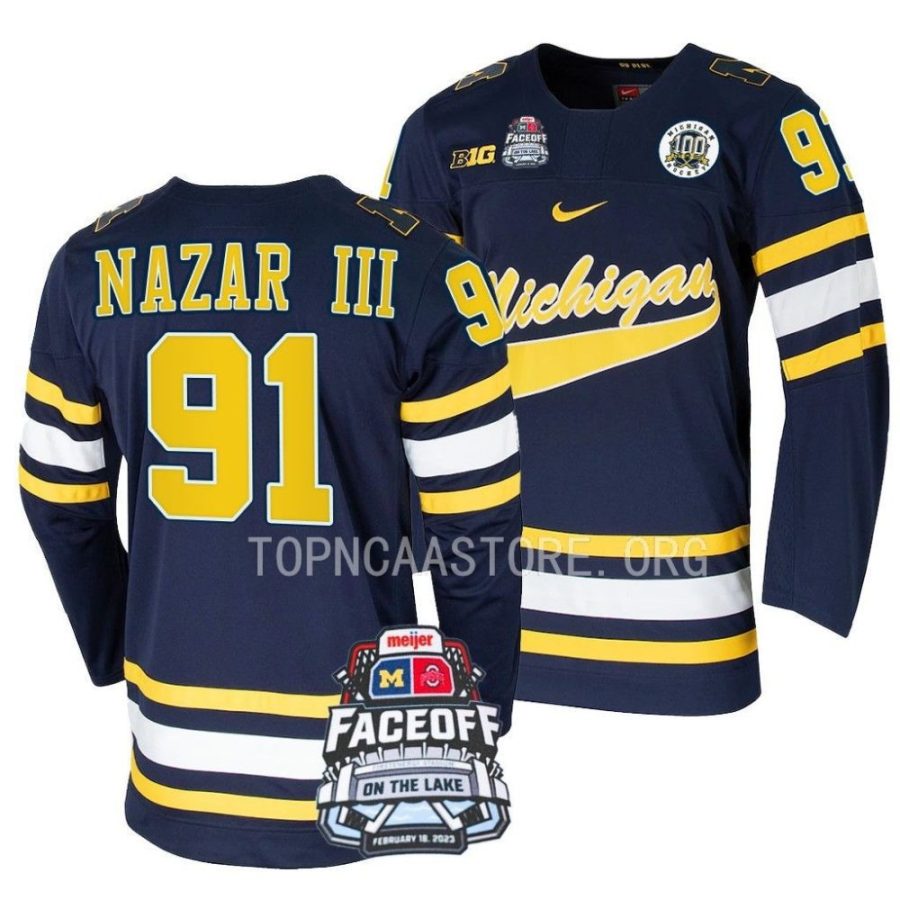 michigan wolverines frank nazar iii 2023 faceoff on the lake navy hockey jersey scaled