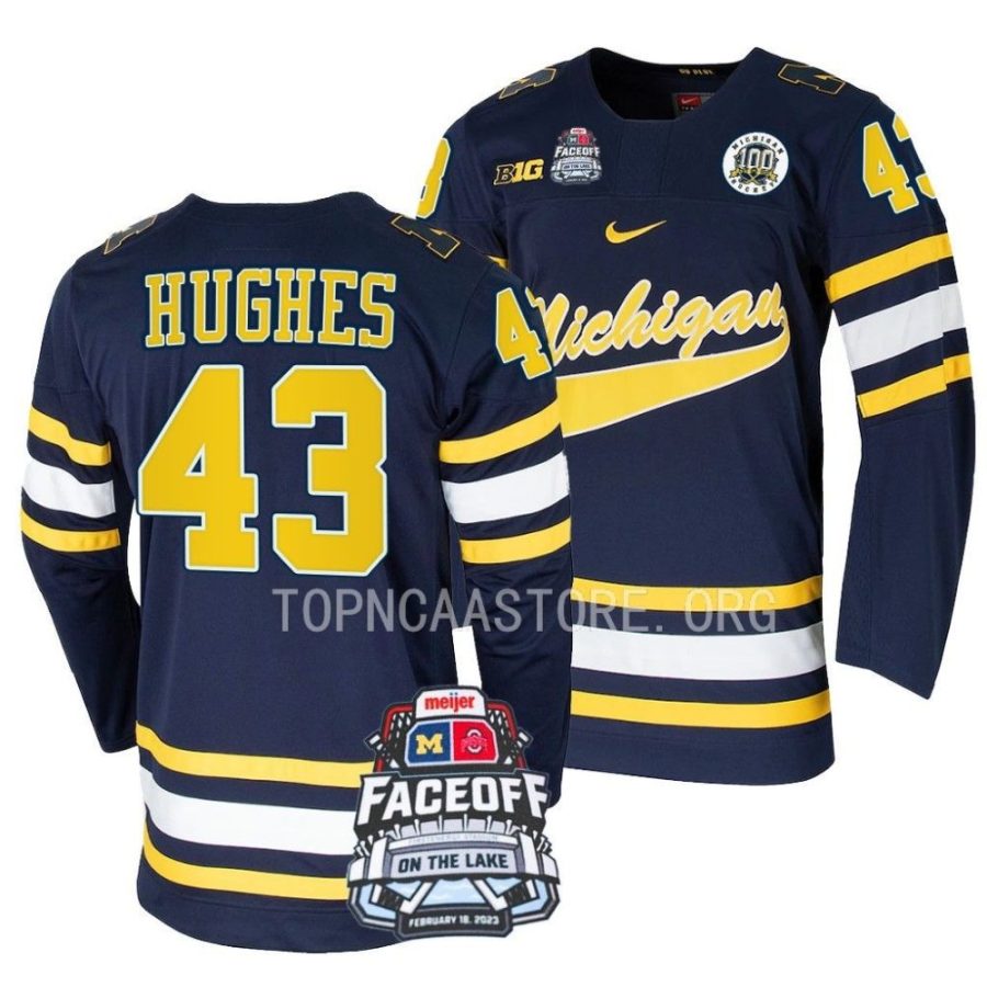 michigan wolverines luke hughes 2023 faceoff on the lake navy hockey jersey scaled