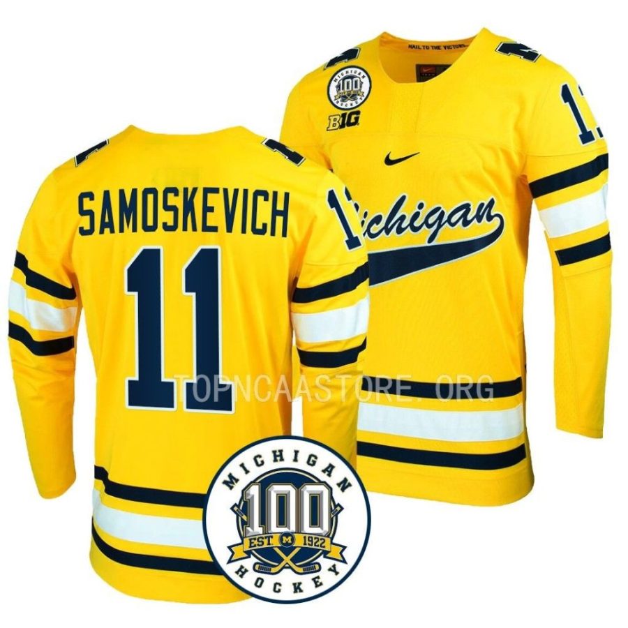 michigan wolverines mackie samoskevich 100th anniversary maize hockey jersey scaled