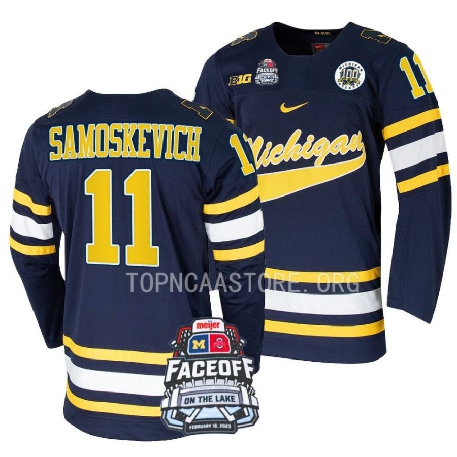 michigan wolverines mackie samoskevich 2023 faceoff on the lake navy hockey jersey scaled