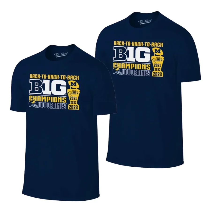 michigan wolverines navy back to back to back big ten conference champions men t shirt scaled