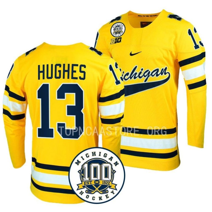 michigan wolverines t.j. hughes 100th anniversary maize hockey jersey scaled
