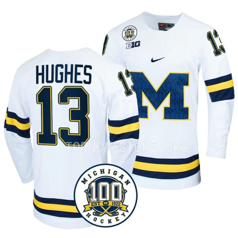 michigan wolverines t.j. hughes 100th anniversary white hockey jersey scaled