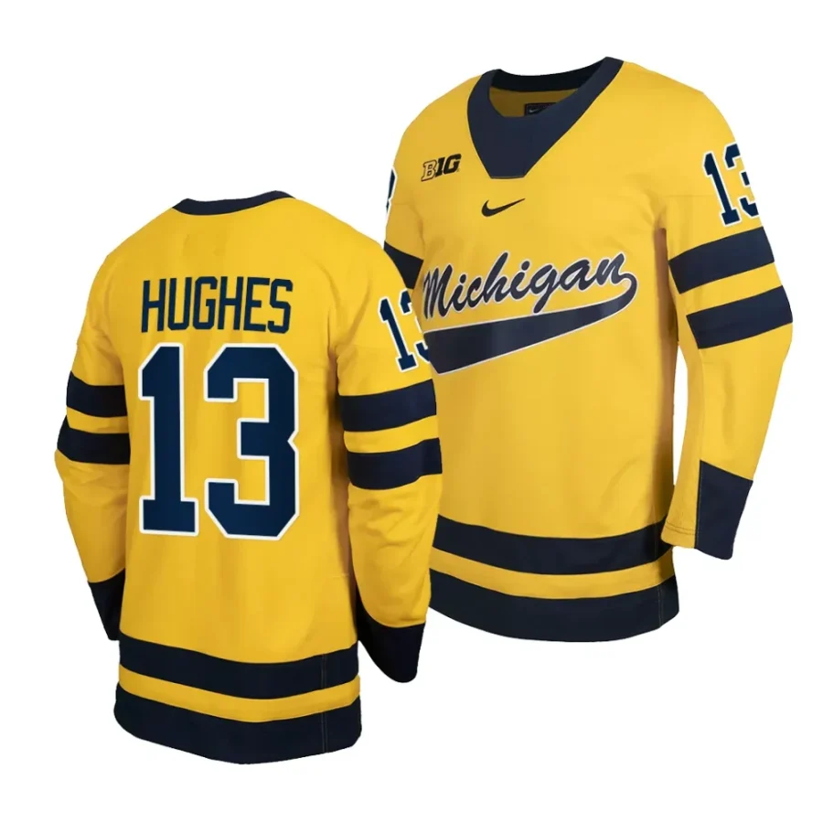 michigan wolverines t.j. hughes 2023 24 classic hockey maize replica jersey scaled