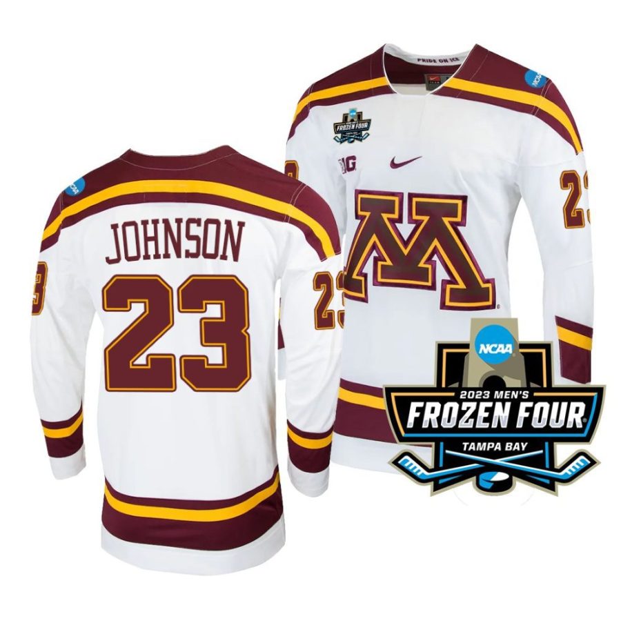 minnesota golden gophers ryan johnson 2023 ncaa frozen four white ice hockey jersey scaled