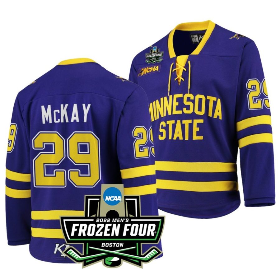 minnesota state mavericks dryden mckay 2022 frozen four purple hockey jersey scaled