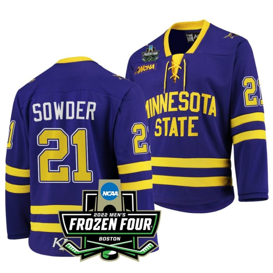 minnesota state mavericks lucas sowder 2022 frozen four purple hockey jersey scaled