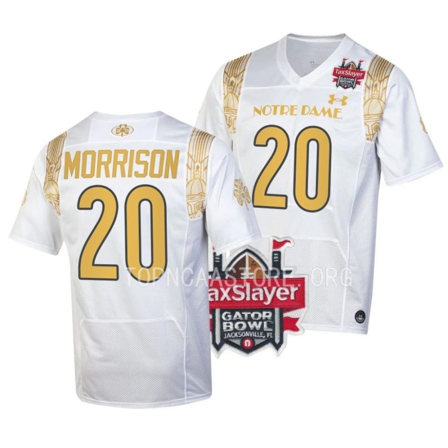 notre dame fighting irish benjamin morrison white 2022 gator bowl shamrock series jersey scaled