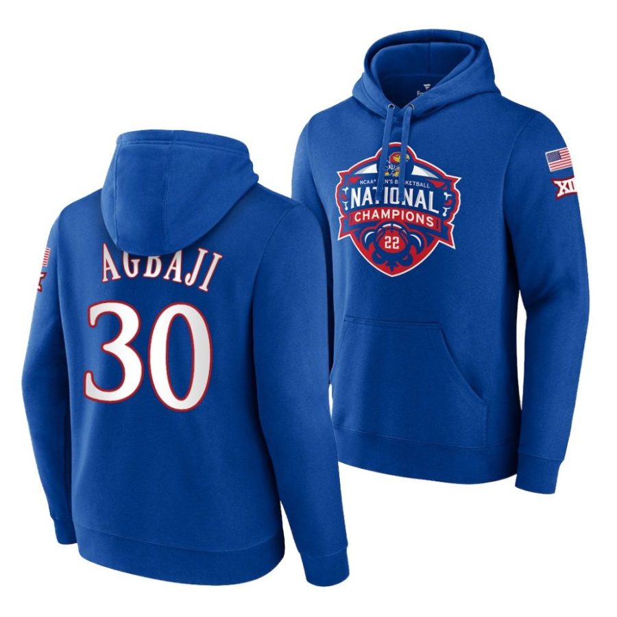 ochai agbaji royal 2022 ncaa national champions kansas jayhawks hoodie scaled