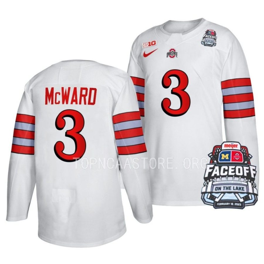 ohio state hockey cole mcward 2023 faceoff on the lake white football inspired jersey scaled