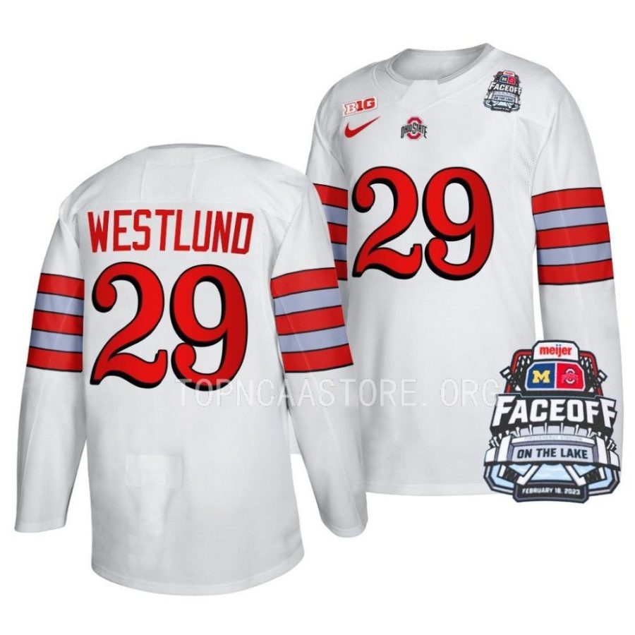 ohio state hockey gustaf westlund 2023 faceoff on the lake white football inspired jersey scaled