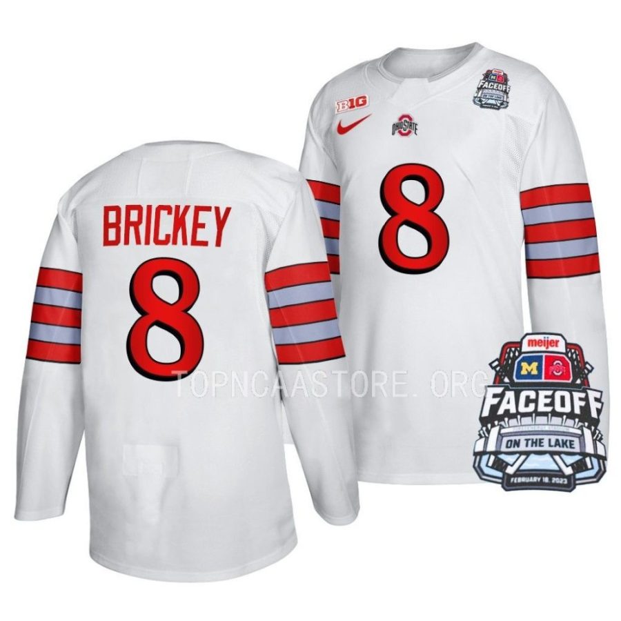 ohio state hockey scooter brickey 2023 faceoff on the lake white football inspired jersey scaled