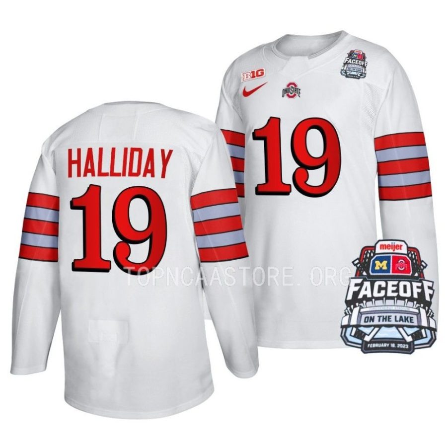 ohio state hockey stephen halliday 2023 faceoff on the lake white football inspired jersey scaled