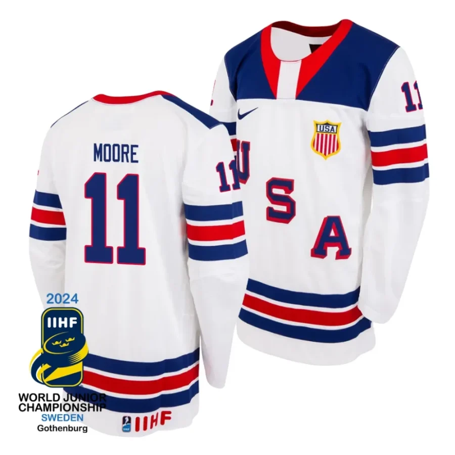 oliver moore white 2024 iihf world junior champions usa jersey scaled