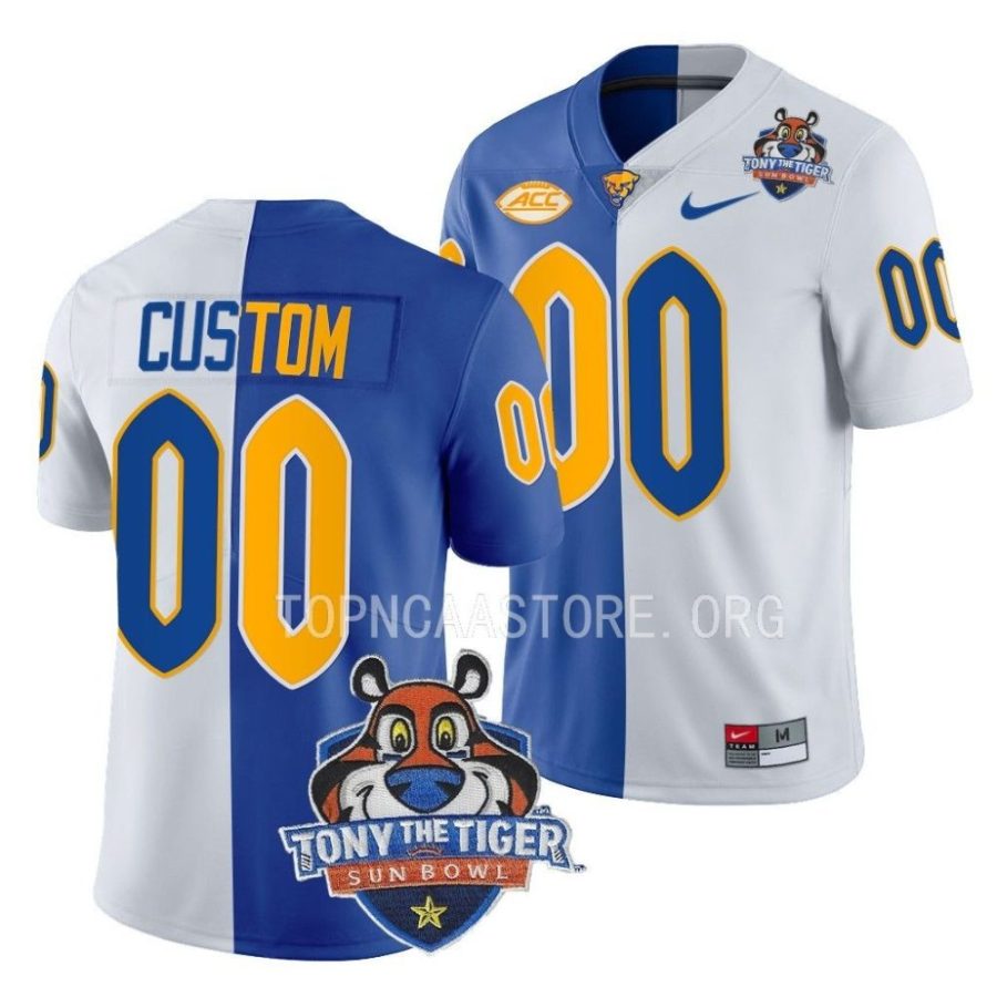 pitt panthers custom blue white 2022 tony the tiger sun bowl split jersey scaled