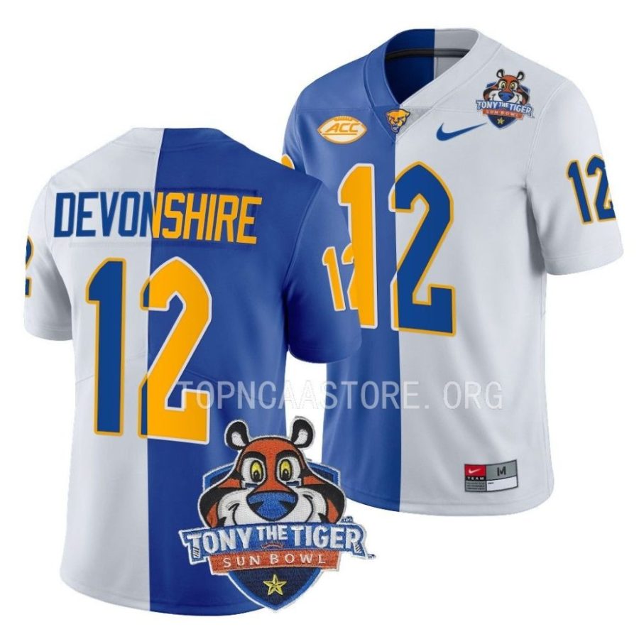 pitt panthers m.j. devonshire blue white 2022 tony the tiger sun bowl split jersey scaled