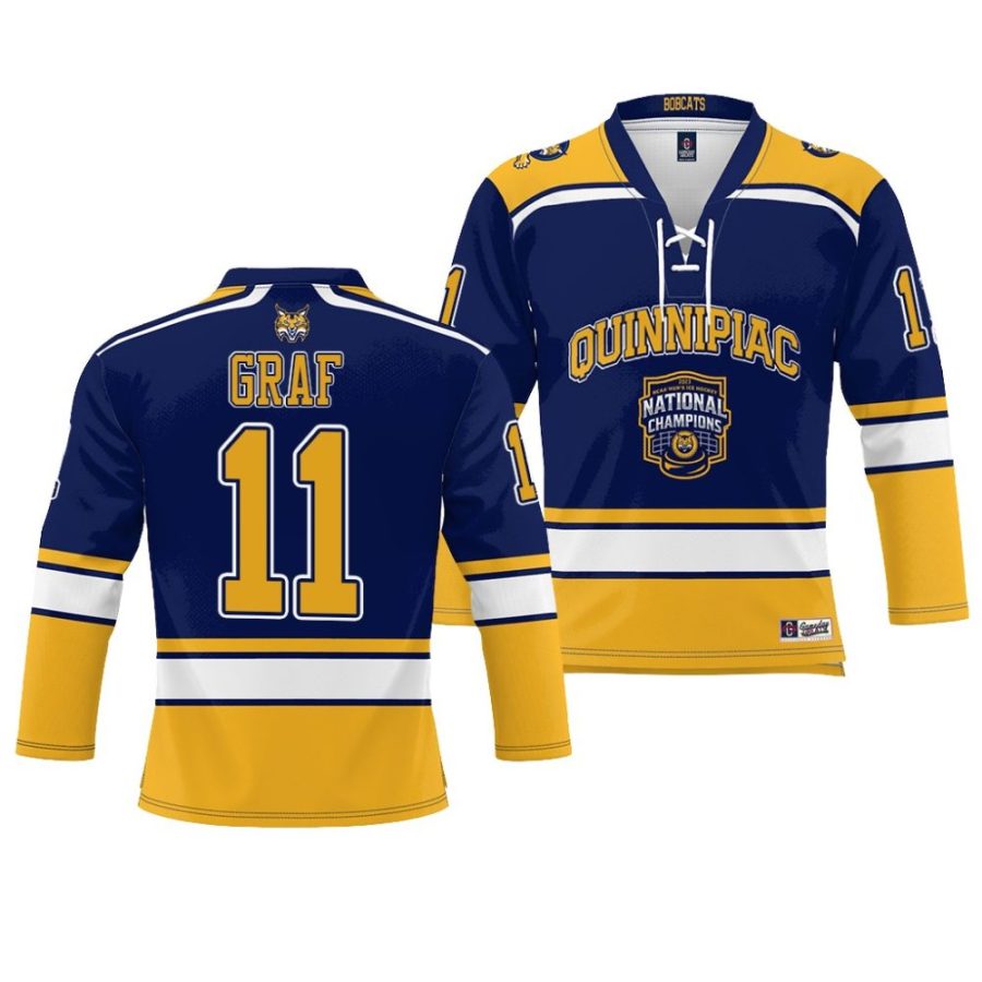 quinnipiac bobcats collin graf 2023 ncaa ice hockey national champions navy jersey scaled