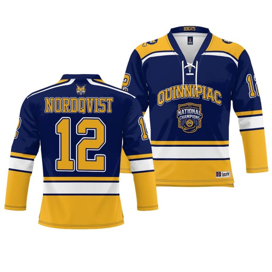 quinnipiac bobcats jacob nordqvist 2023 ncaa ice hockey national champions navy jersey scaled