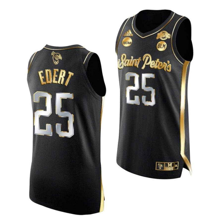 saint peter's peacocks doug edert 2022 ncaa march madness golden edition black jersey scaled