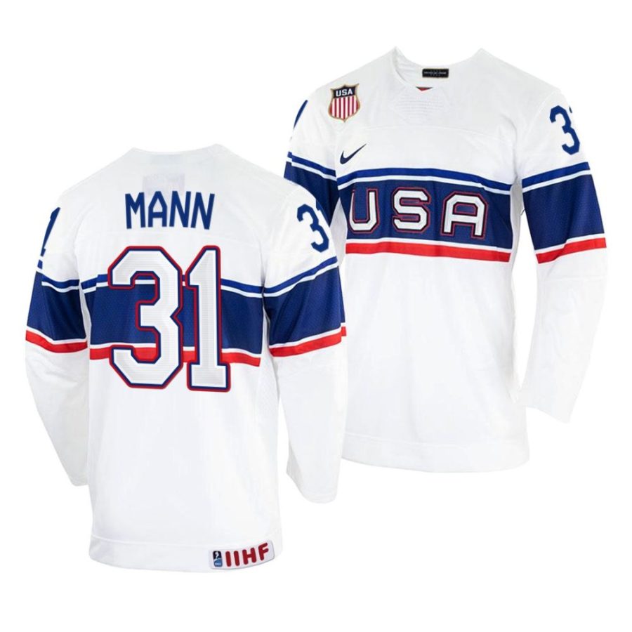 strauss mann white 2022 iihf world championship usa home jersey scaled