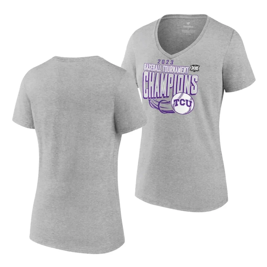 tcu horned frogs gray 2023 big 12 baseball conference tournament champions v neck women t shirt scaled