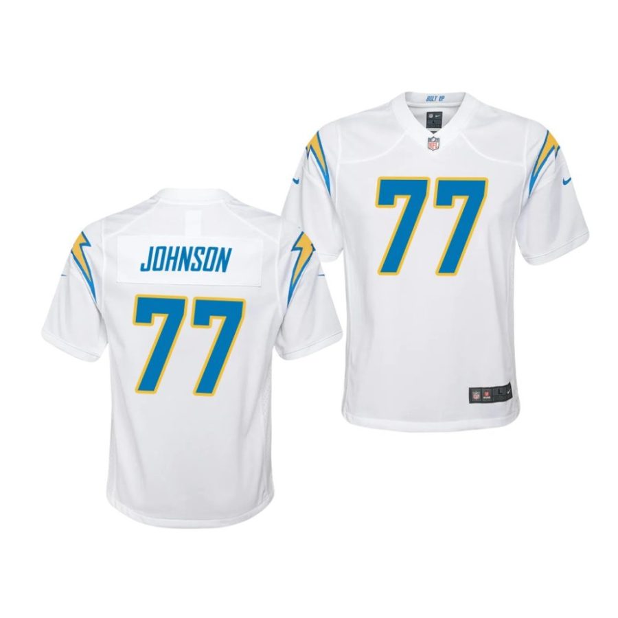 zion johnson los angeles chargers 2022 nfl draft game youth white jersey scaled