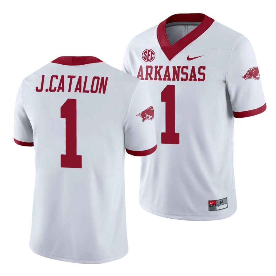 arkansas razorbacks jalen catalon white college football men's jersey