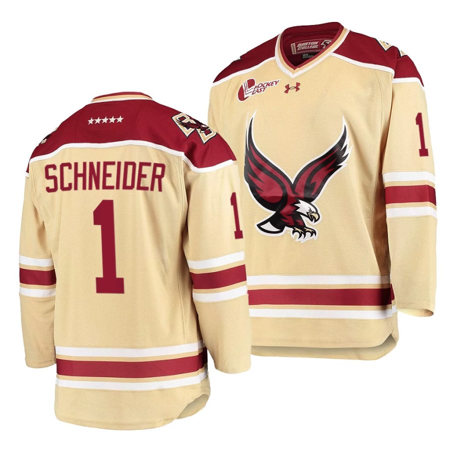 boston college eagles cory schneider 2021 22 college hockey beige alternate jersey